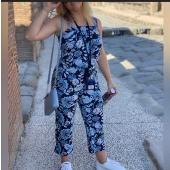 Ann Taylor Loft Jumpsuit Size 8 Blue Floral Print Square Neck Boho Casual Rayon - Picture 2 of 16